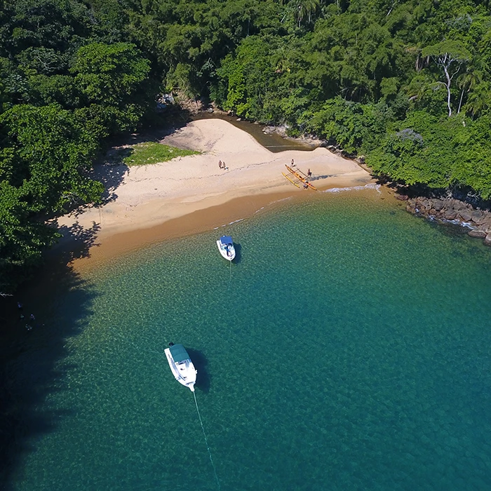 Imagem aérea da praia do Leste na Ilha Anchieta, Ubatuba.
